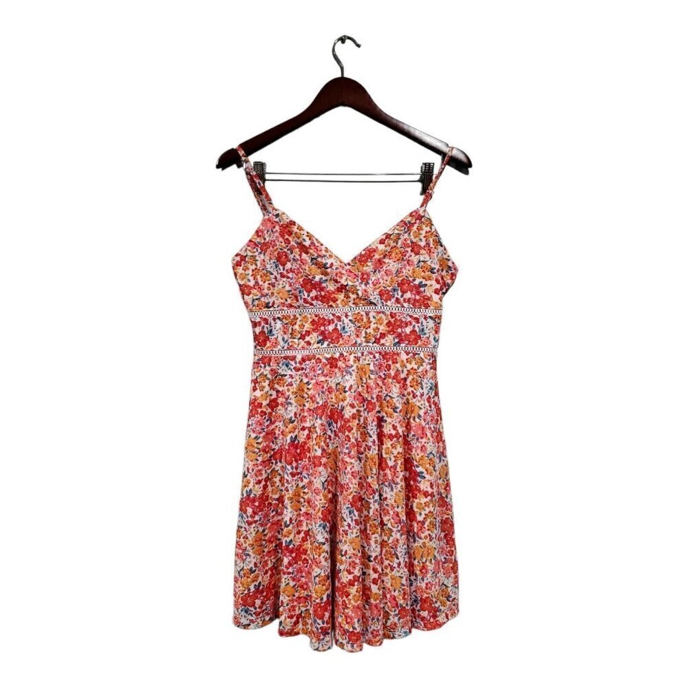Jun & Ivy Women's Red Orange Floral Sundress Spaghetti Straps Lined V-Neck Sz M